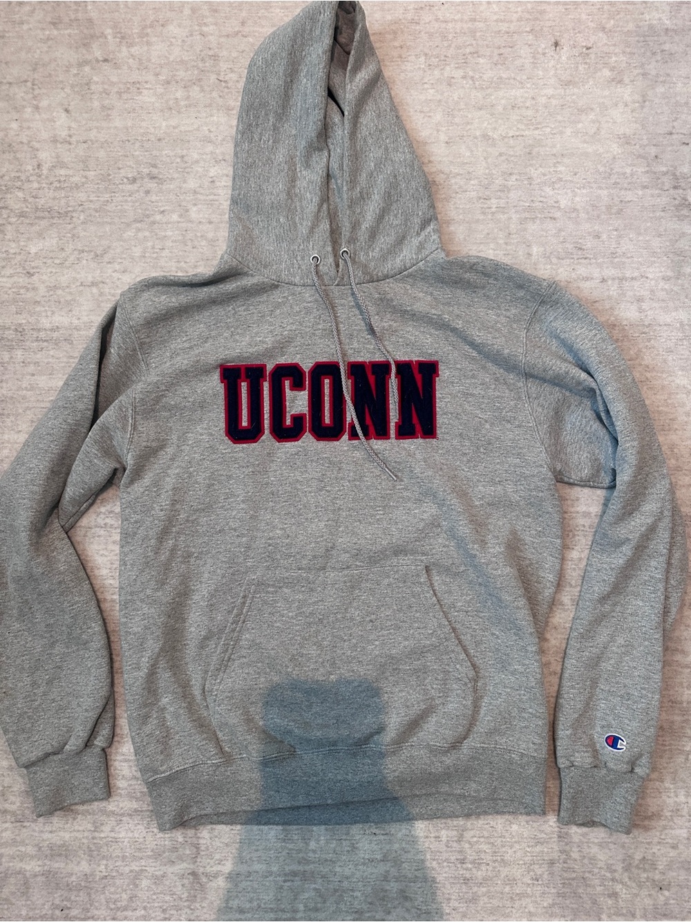 Champion Gray Hoodie with Navy & Red Logo